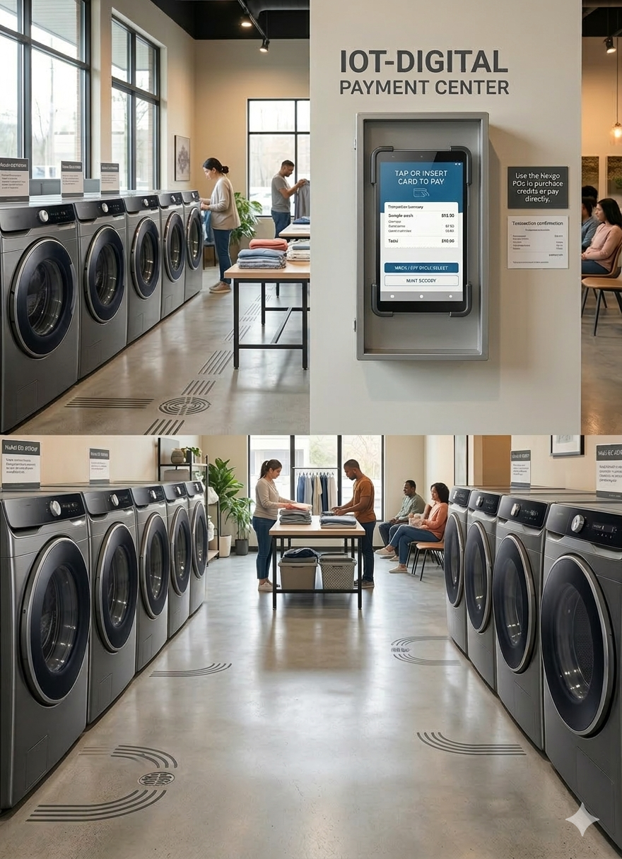 Self-service laundromat with IOT-DIGITAL cashless payment terminal